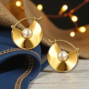 Modern Minimalist Trendy Gold Statement Earrings With Faux Pearl Accent